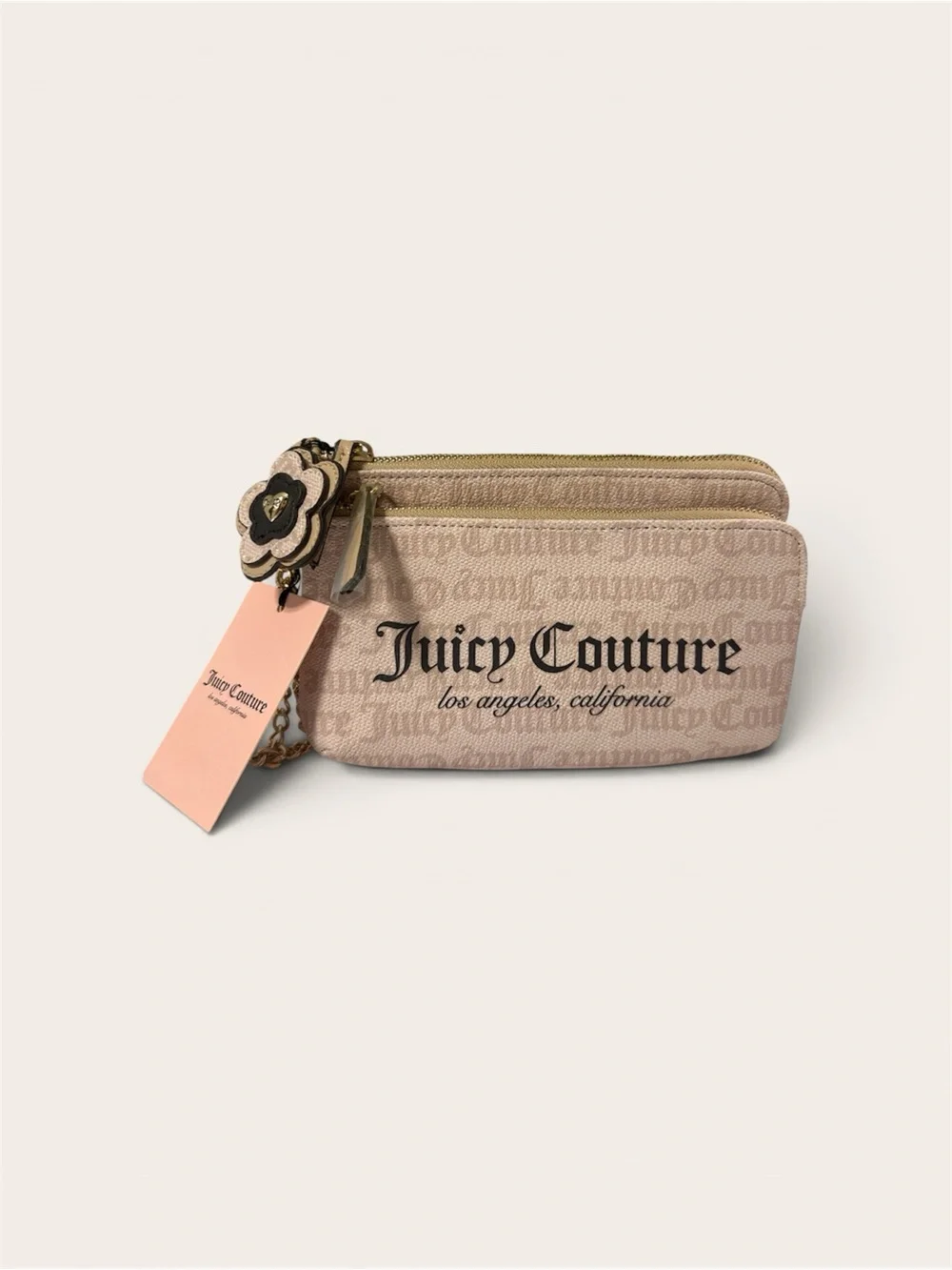 Juicy Couture Beige Logo Double-Zip wristlet/ wallet  with chain & charm